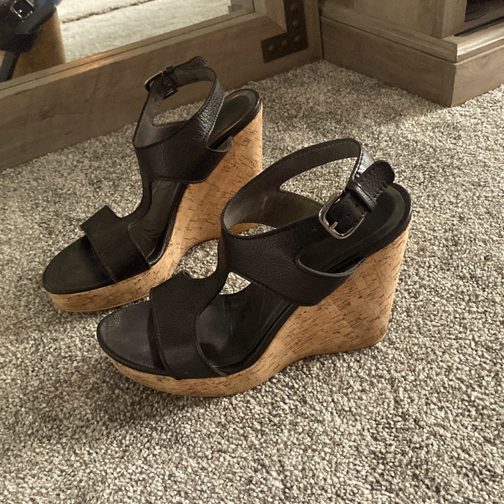 Stuart Weizman- Open Toe Wedges- Size 8- Black Le… - image 1